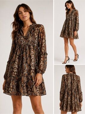 Express Brown and Black Snake Print Long Sleeve Dress
